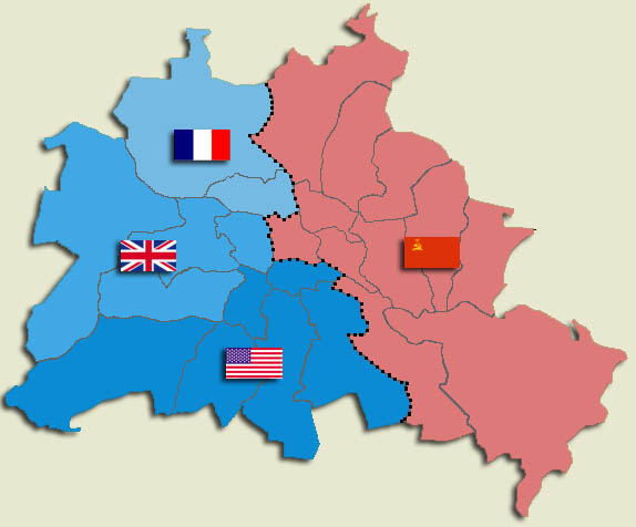 Image of a map showing Berlion divided into four sectors by the four powers.